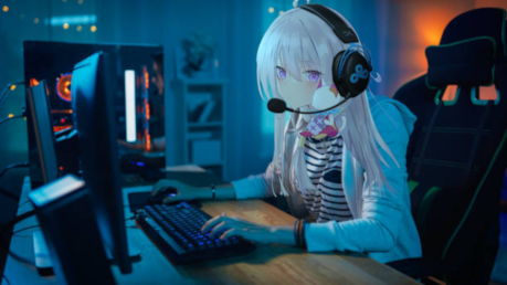 Plik:Podekscytowany Gamer Girl w zestawie słuchawkowym z mikrofonem gry online wideo na swoim komputerze osobistym.png